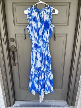 Tahari Blue and White Tie-Dye Maxi Dress